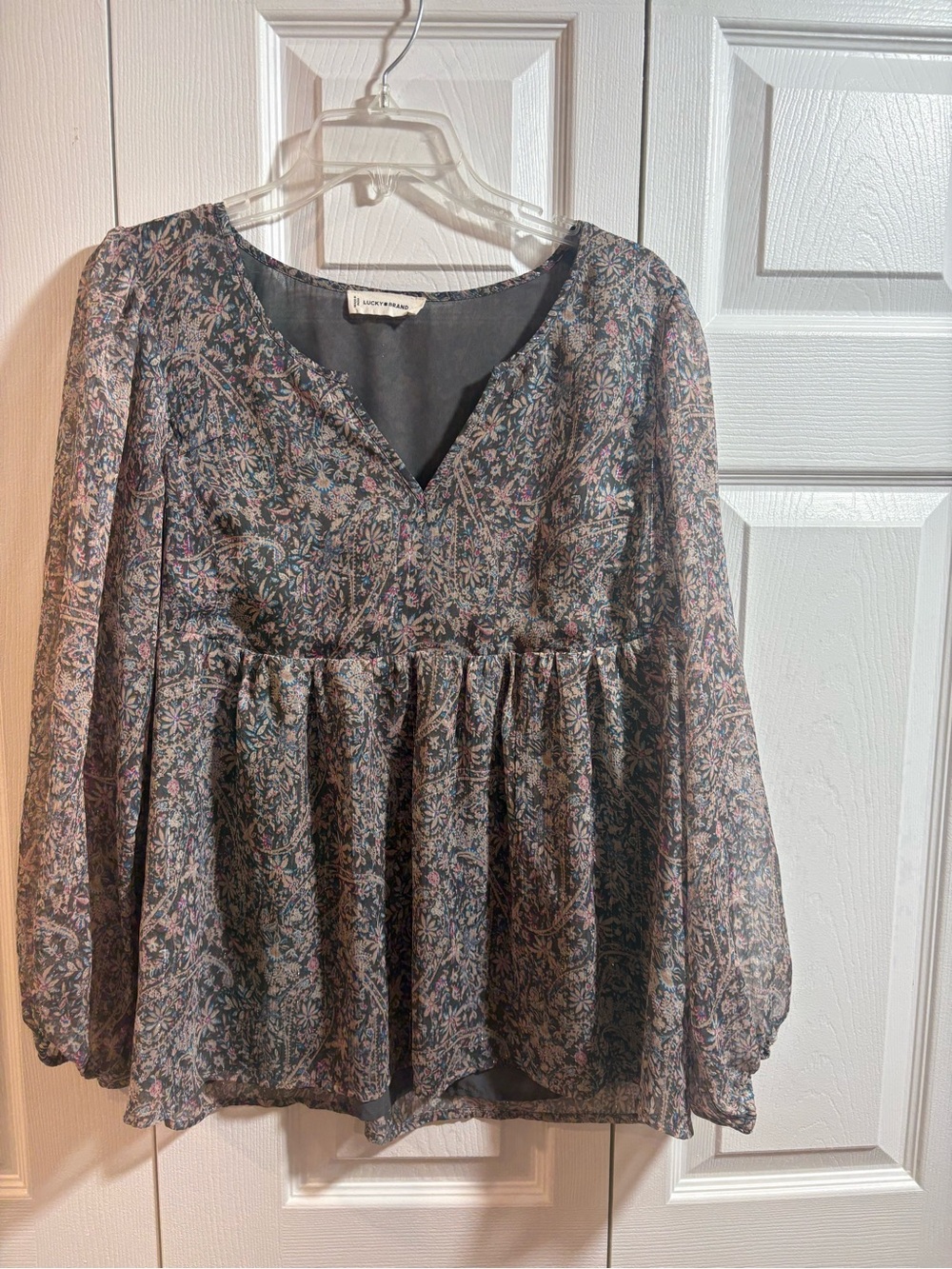 Lucky Brand Women’s Large Boho Floral Metallic Chiffon Babydoll Blouse Fall - Picture 2 of 5